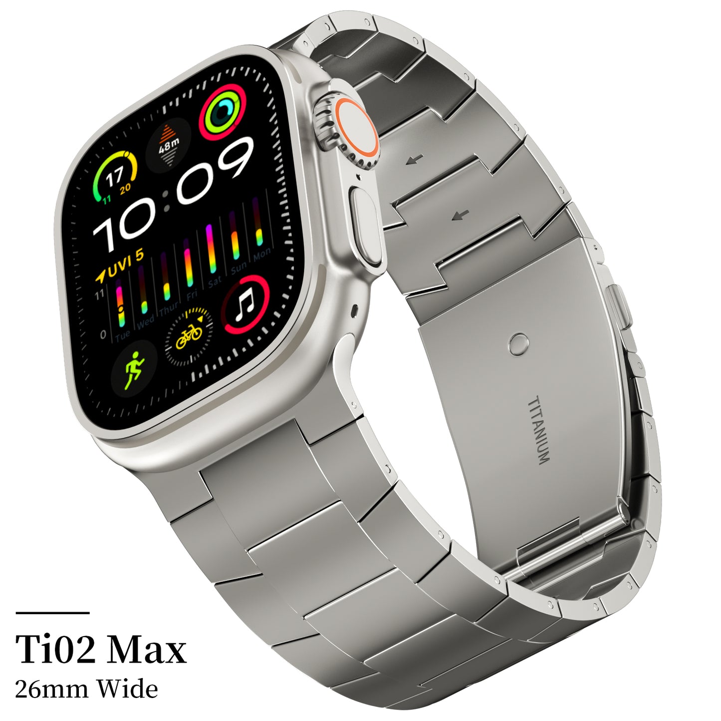 ACESTAR Full Titanium Band Compatible with Apple Watch Ultra 49mm / Ultra 2 49mm / Series 10 46mm, 26mm Wide Adjustable Titanium Links with Titanium Folding Clasp Titanium Connectors and DLC Coati, Ti02 Max/26mm Wide/Titanium