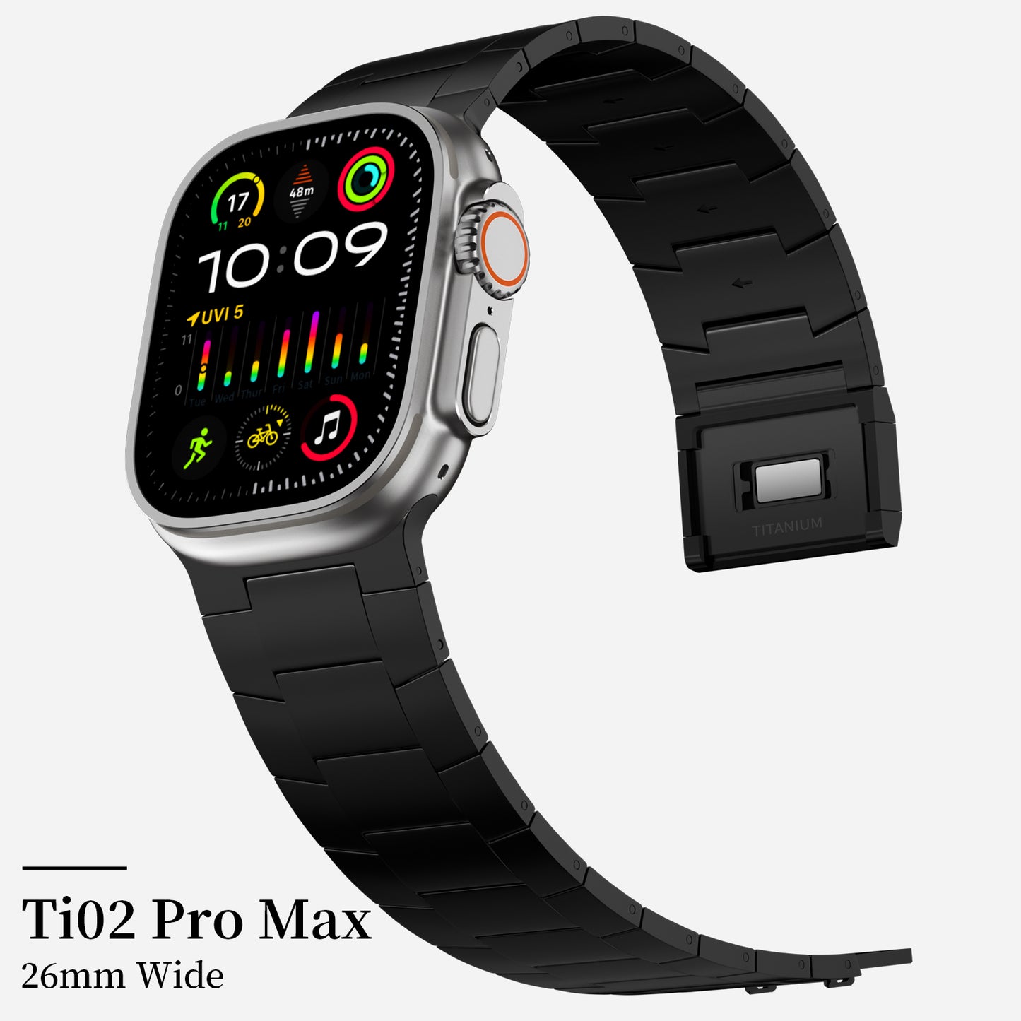 ACESTAR Full Titanium Band Compatible with Apple Watch Ultra 49mm / Ultra 2 49mm / Series 10 46mm, 26mm Wide Adjustable Titanium Links with Titanium Magnetic Clasp Titanium Connectors and DLC Coating, Ti02 Pro Max/26mm Wide/Black