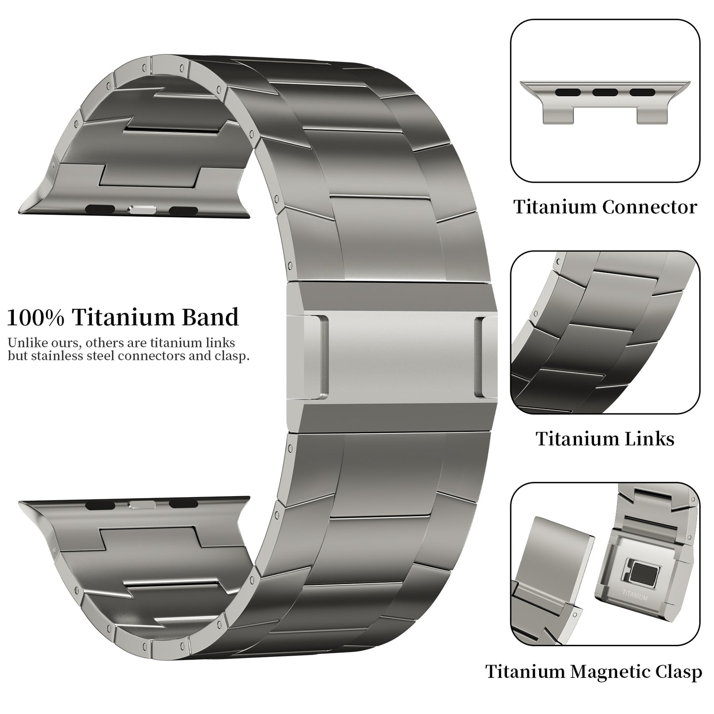 ACESTAR Full Titanium Band Compatible with Apple Watch Ultra 49mm / Ultra 2 49mm / Series 10 46mm, 26mm Wide Adjustable Titanium Links with Titanium Magnetic Clasp Titanium Connectors and DLC Coating, Ti02 Pro Max/26mm Wide/Titanium