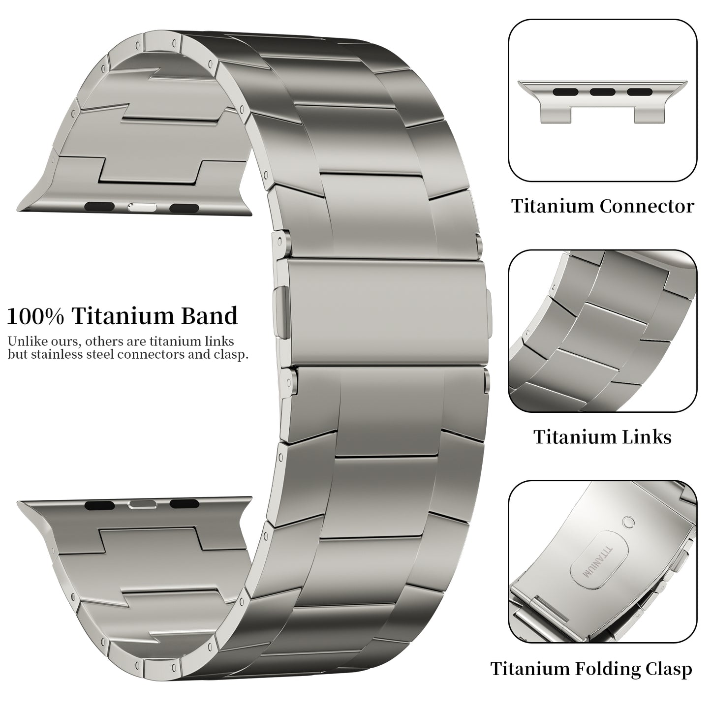 ACESTAR Full Titanium Band Compatible with Apple Watch Ultra 49mm / Ultra 2 49mm / Series 10 46mm, 26mm Wide Adjustable Titanium Links with Titanium Folding Clasp Titanium Connectors and DLC Coati, Ti02 Max/26mm Wide/Titanium