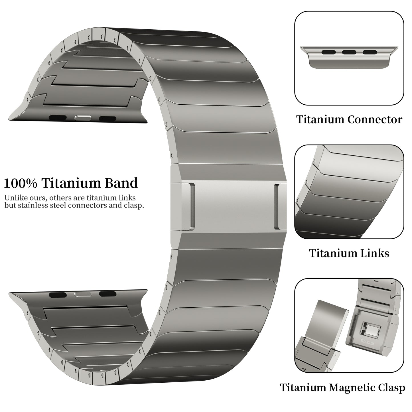 ACESTAR Full Titanium Band Compatible with Apple Watch Ultra 49mm / Ultra 2 49mm / Series 10 46mm, 26mm Wide Adjustable Titanium Links with Titanium Magnetic Clasp Titanium Connectors and DLC Coating, Ti03 Pro Max/26mm Wide/Titanium