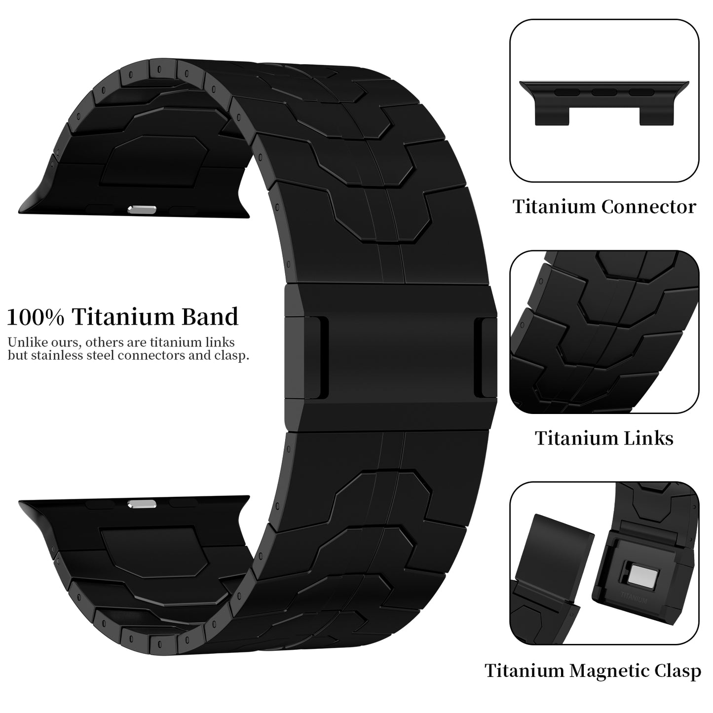 ACESTAR Full Titanium Band Compatible with Apple Watch Ultra 49mm / Ultra 2 49mm / Series 10 46mm, 26mm Wide Adjustable Titanium Links with Titanium Magnetic Clasp Titanium Connectors and DLC Coating, Ti01 Pro Max/26mm Wide/Black