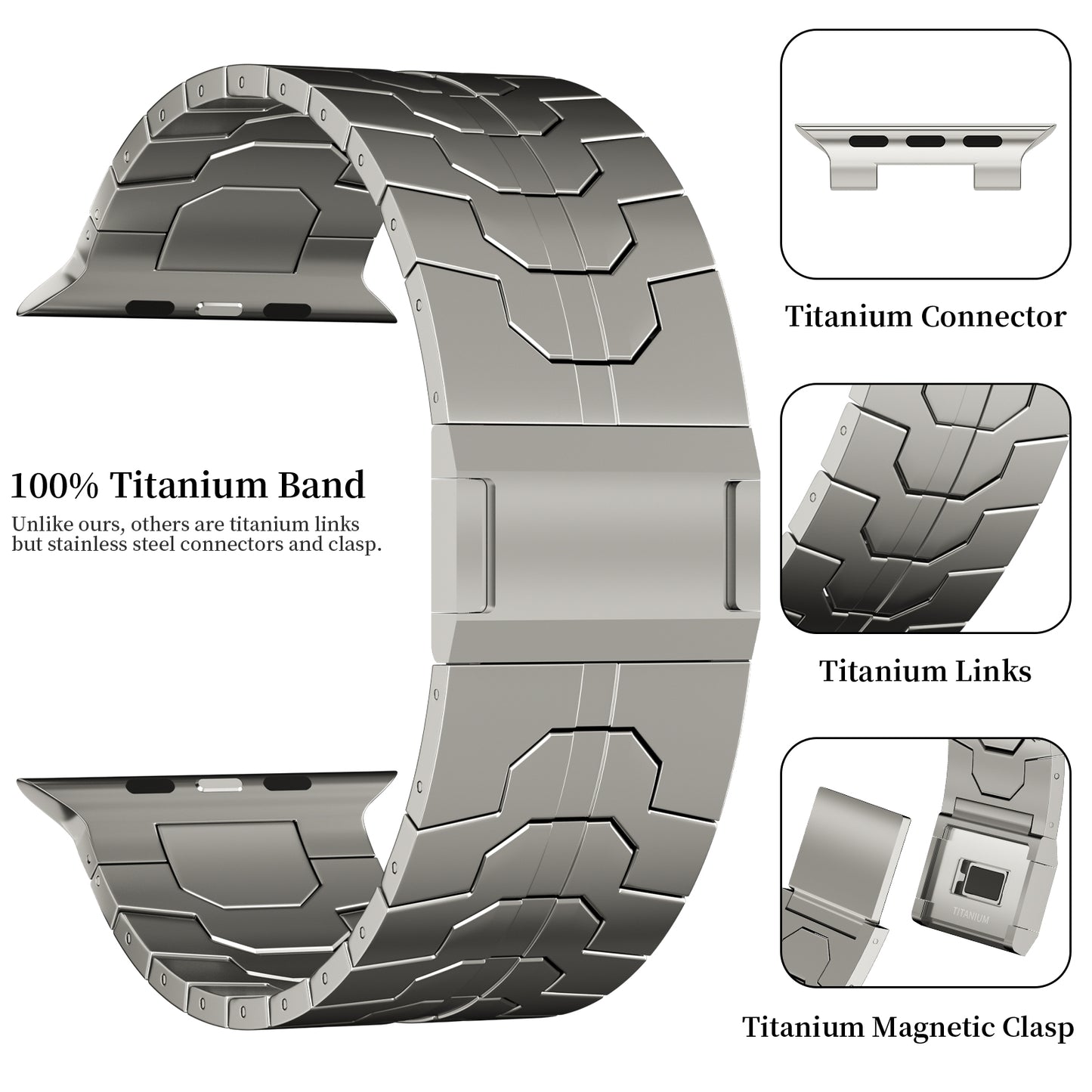 ACESTAR Full Titanium Band Compatible with Apple Watch Ultra 49mm / Ultra 2 49mm / Series 10 46mm, 24mm Wide Adjustable Titanium Links with Titanium Magnetic Clasp Titanium Connectors and DLC Coating, Ti01 Pro/24mm Wide/Titanium