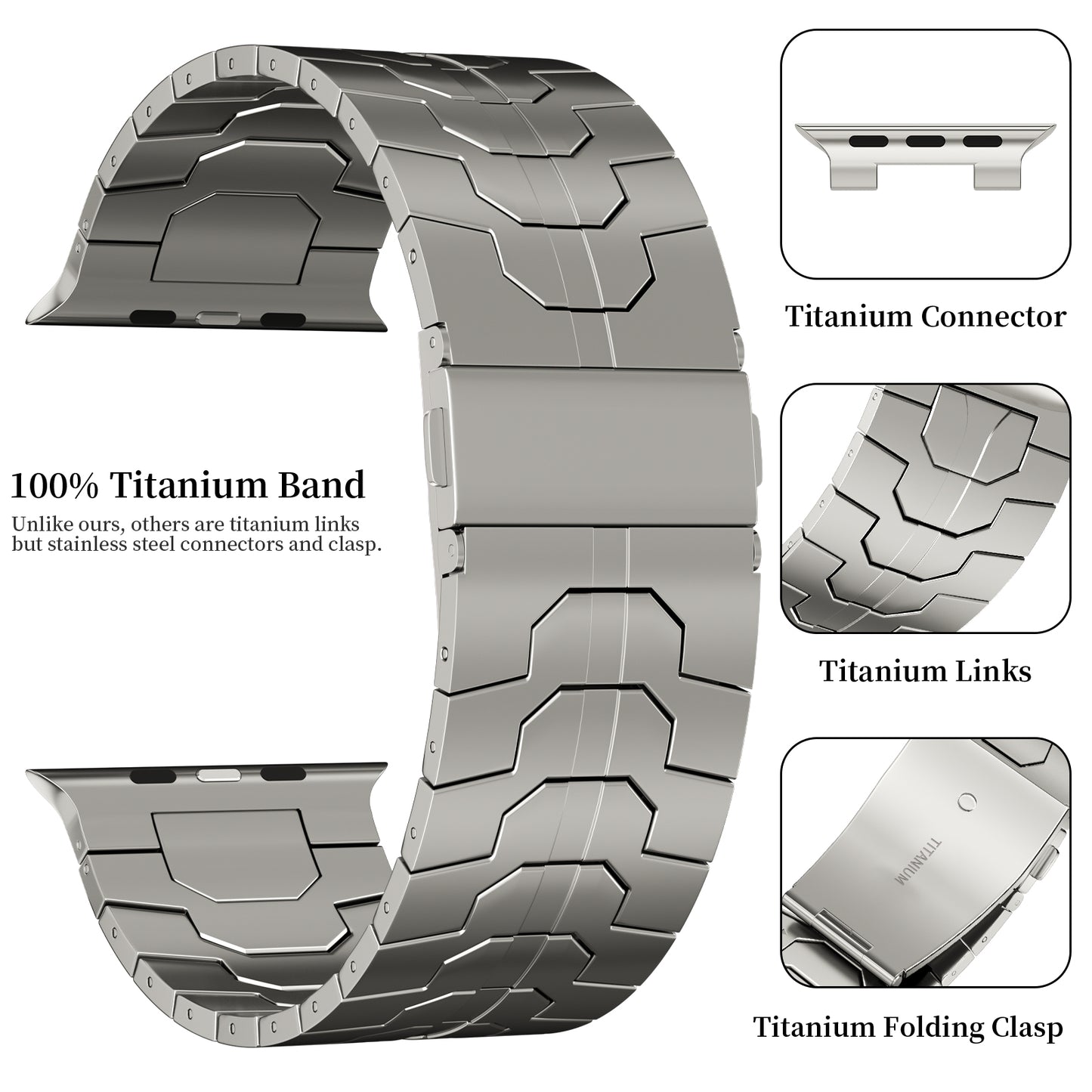 ACESTAR Full Titanium Band Compatible with Apple Watch Ultra 49mm / Ultra 2 49mm / Series 10 46mm, 26mm Wide Adjustable Titanium Links with Titanium Folding Clasp Titanium Connectors and DLC Coating, Ti01 Max/26mm Wide/Titanium