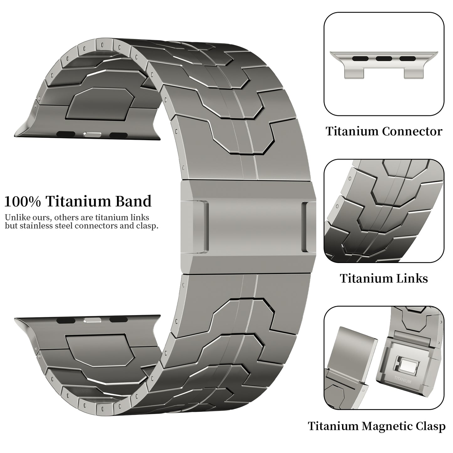 ACESTAR Full Titanium Band Compatible with Apple Watch Ultra 49mm / Ultra 2 49mm / Series 10 46mm, 26mm Wide Adjustable Titanium Links with Titanium Magnetic Clasp Titanium Connectors and DLC Coating, Ti01 Pro Max/26mm Wide/Titanium